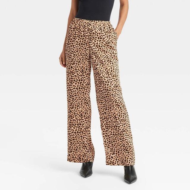 Womens Mid-Rise Straight Leg Satin Pull-On Pants - A New Day Leopard Print L Short Product Image