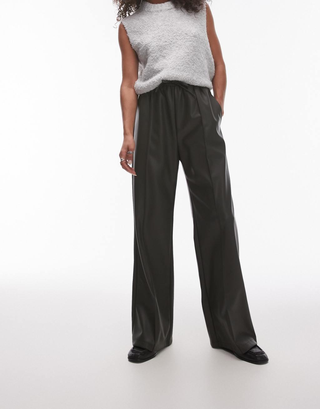 Topshop faux leather sweatpants in khaki Product Image