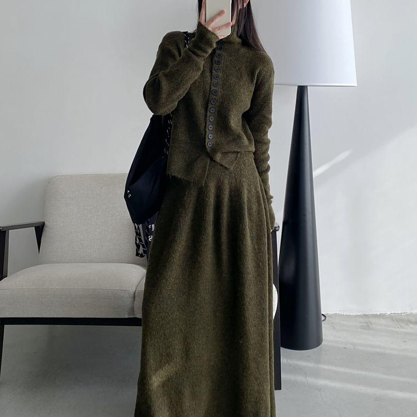 Turtleneck Plain Button Cardigan / High Rise Plain Maxi A-Line Skirt Product Image