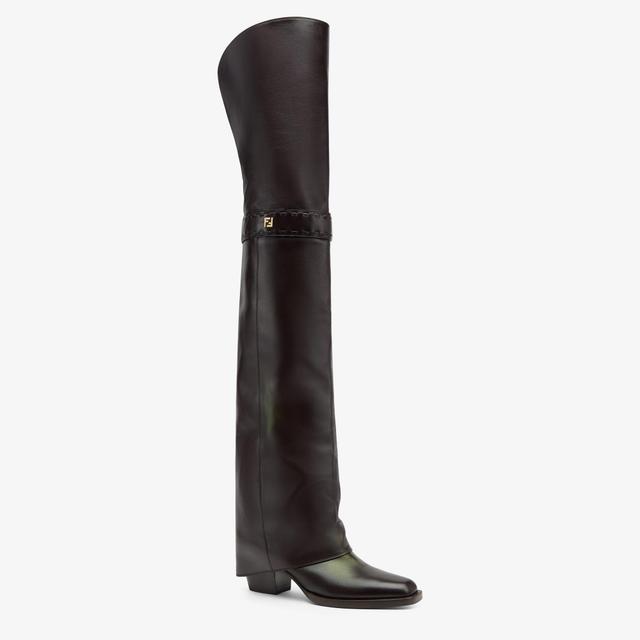 Fendi ShowBurgundy leather medium-heeled thigh-high boots Product Image