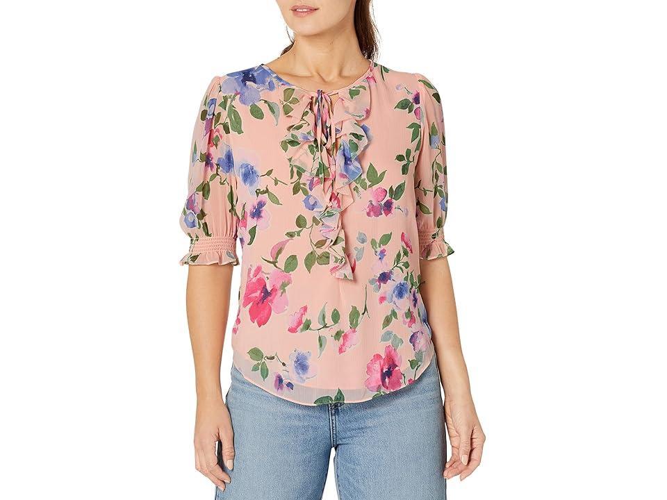 LAUREN Ralph Lauren Petite Floral Crinkle Georgette Blouse (Pink Multi) Women's Clothing Product Image