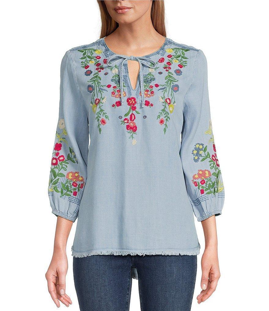 Reba Chambray 3/4 Sleeve Split V-Neck Floral Embroidered Frayed High-Low Hem Peasant Tunic Product Image