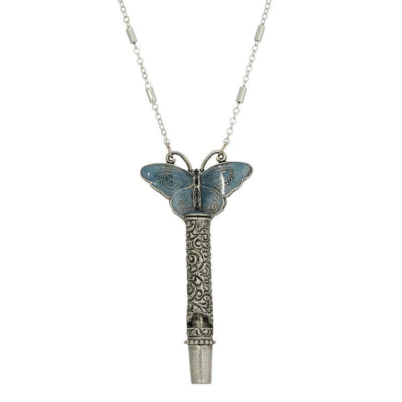 1928 Colorful Butterfly Pewter Whistle Pendant Necklace, Womens, Blue Product Image