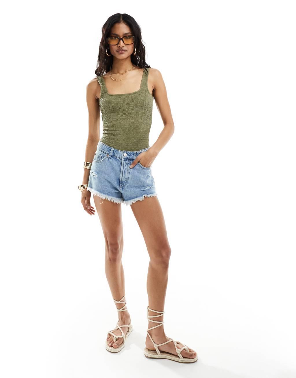 ASOS DESIGN shirred scoop back bodysuit in khaki Product Image