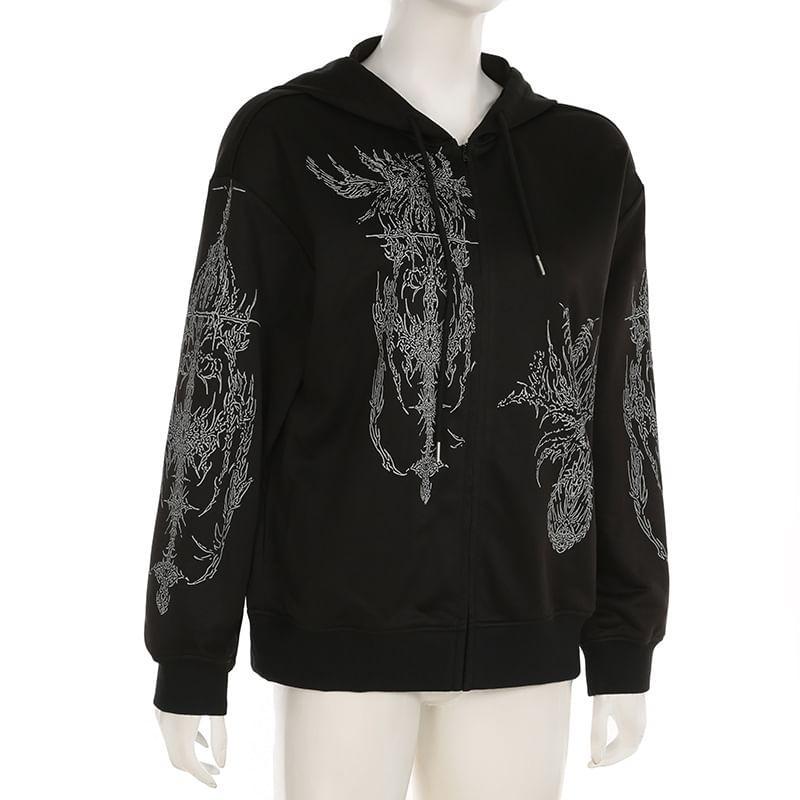 Drawstring Drop Shoulder Print Zip Hoodie Product Image