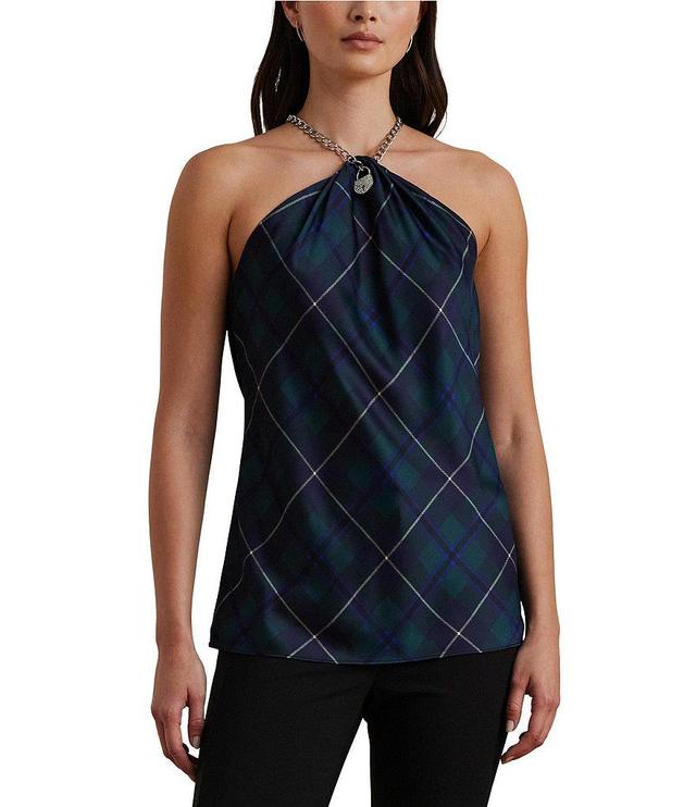 Lauren Ralph Lauren Plaid Print Chain Trim Satin Charmeuse Halter Blouse Product Image