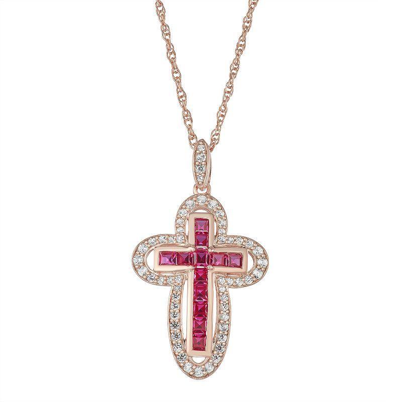 14k Gold Over Silver Lab-Created Ruby Cross Pendant Necklace, Womens Pink Tone Product Image