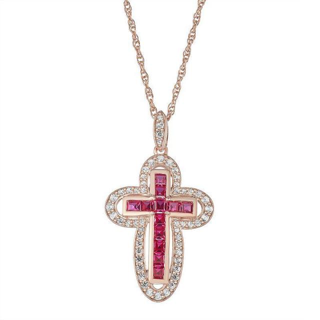 14k Gold Over Silver Lab-Created Ruby Cross Pendant Necklace, Womens Pink Tone Product Image