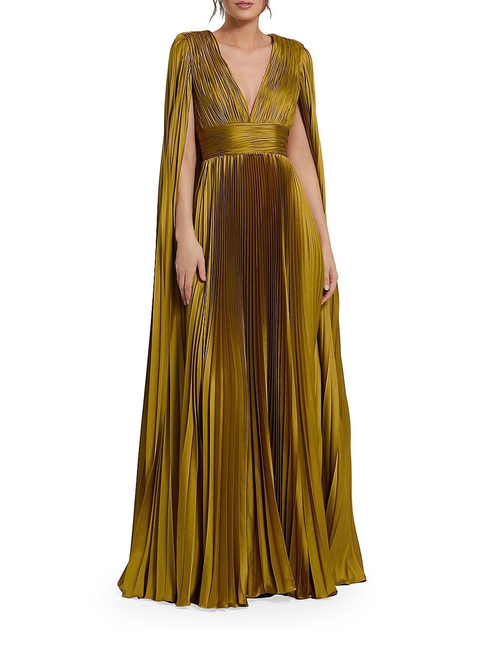 Womens Metallic Pleated Charmeuse Cape Gown Product Image