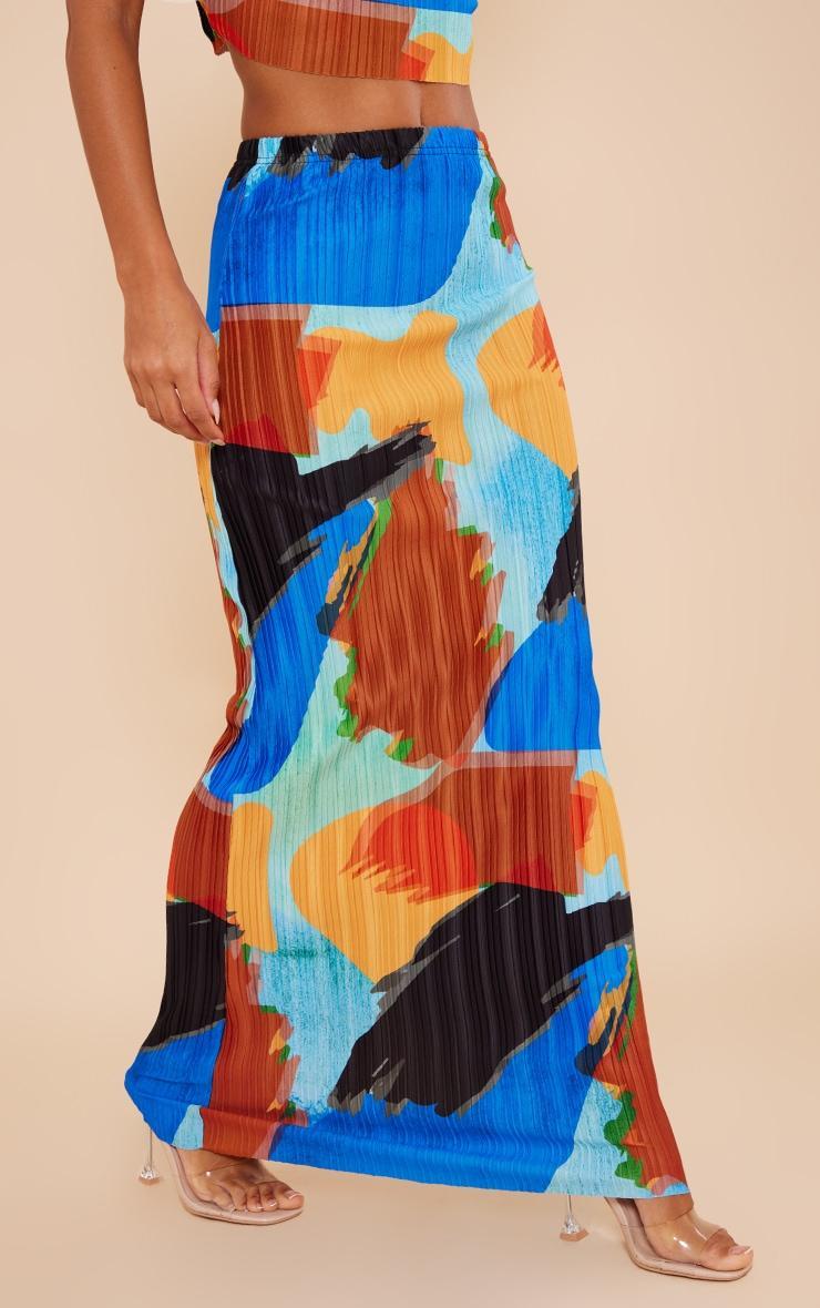 Blue Abstract Print Plisse Maxi Skirt Product Image