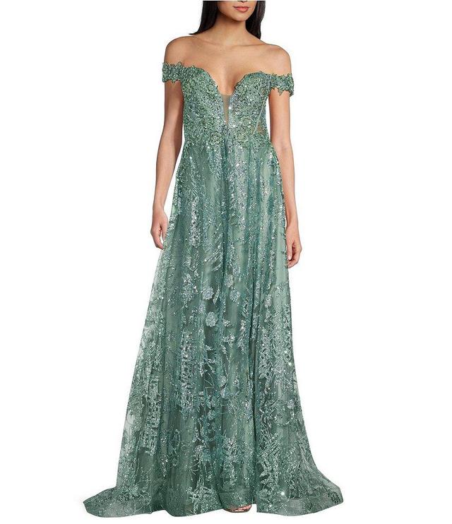 Coya Collection Off-The-Shoulder Deep V-Neck Sequin Applique Lace-Up Back Ball Gown Product Image