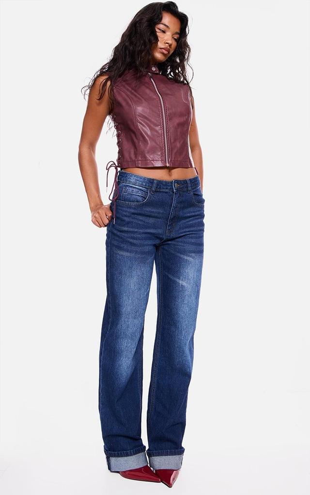 Maroon Washed Faux Leather Lace Up High Neck Zip Top Product Image