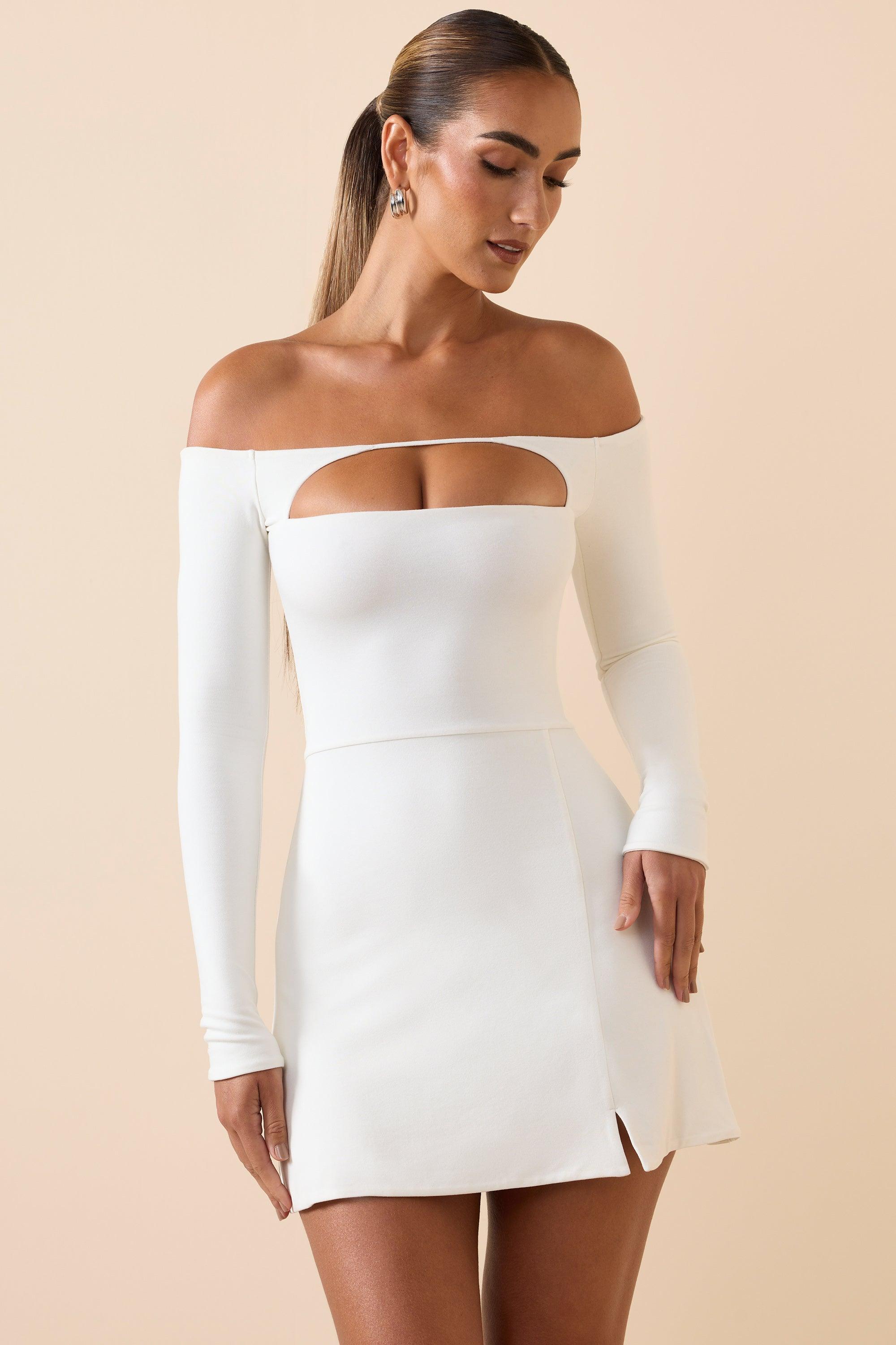 Modal Cut-Out Off-Shoulder A-Line Mini Dress in White Product Image