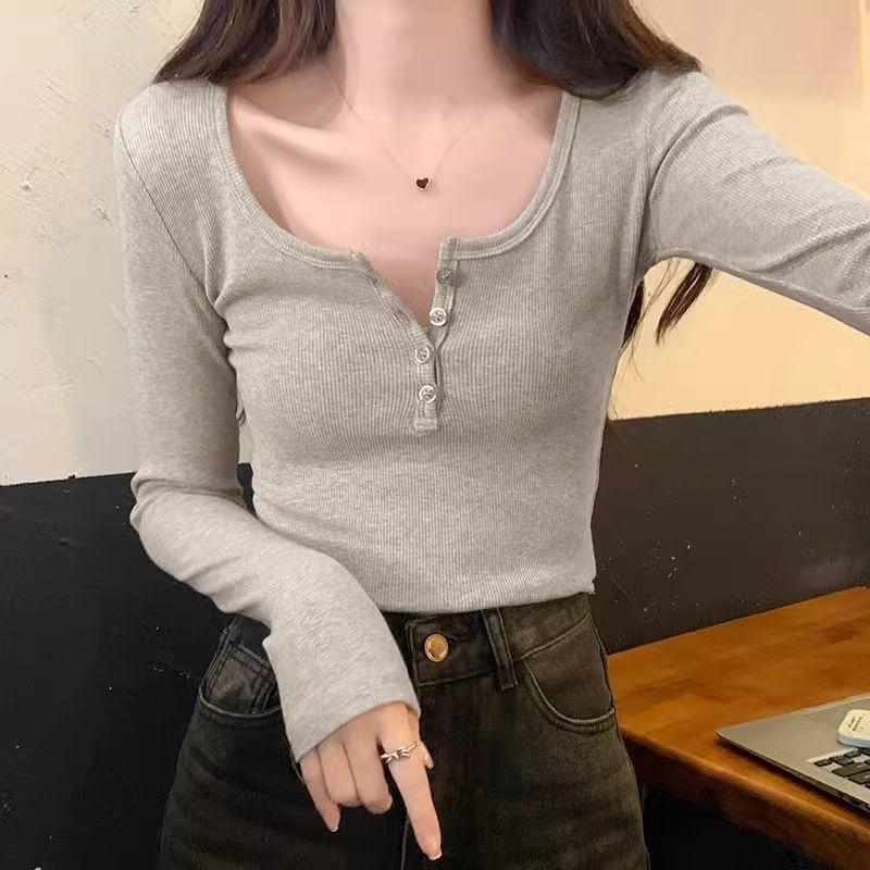 Long Sleeve Henley Scoop Neck Plain Ribbed Tee Product Image