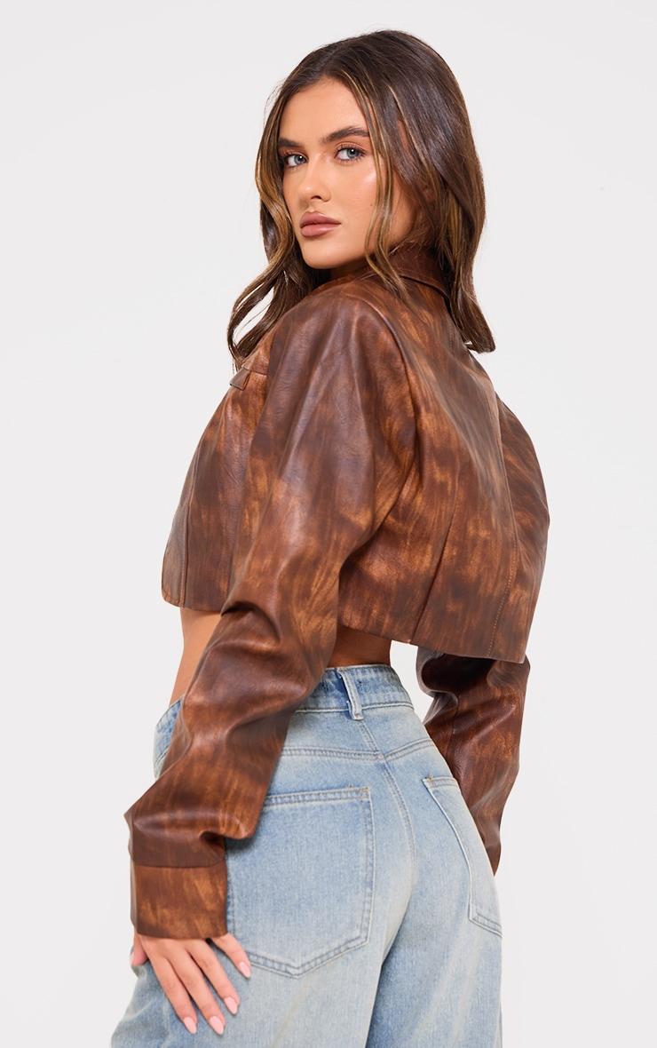 Brown Distressed Faux Leather Curved Hem Cropped Jacket Product Image