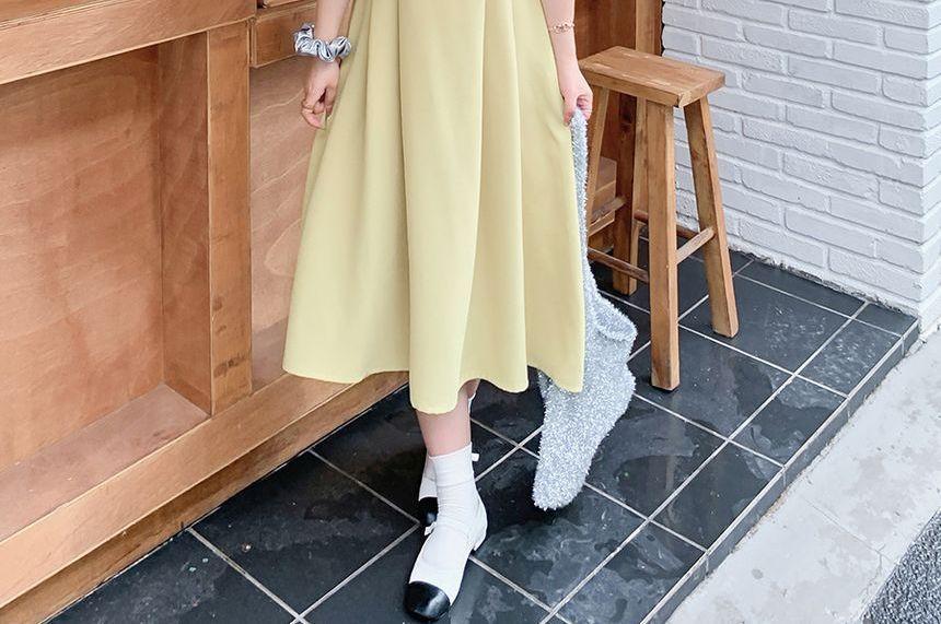 Short-Sleeve Square Neck Plain Midi A-Line Dress Product Image