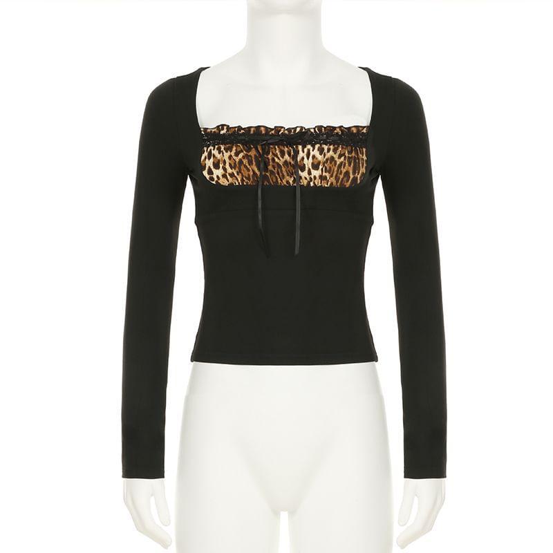 Long-Sleeve Square Neck Leopard Panel Crop Top Product Image