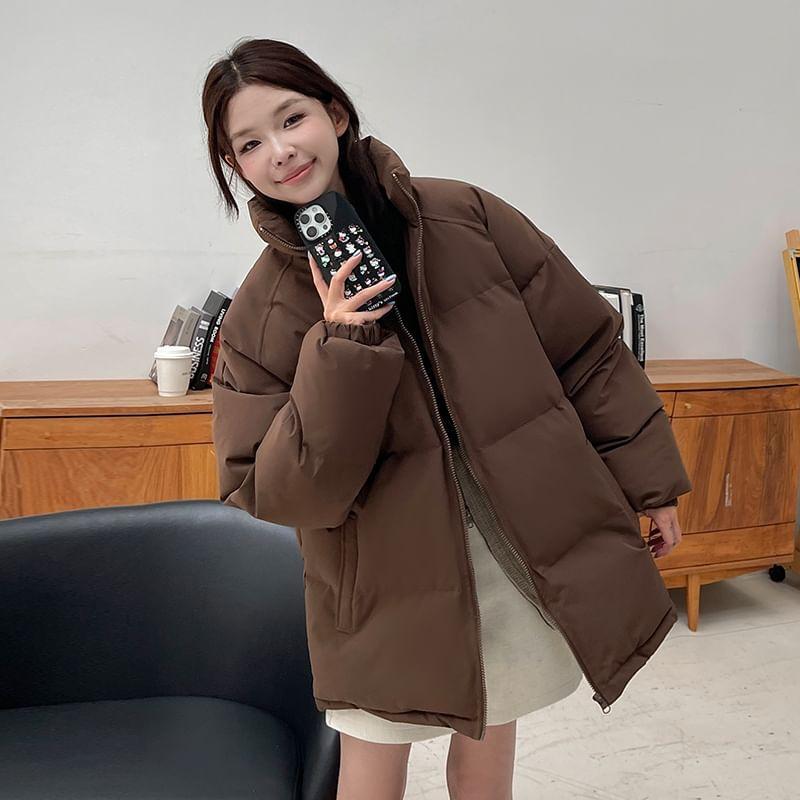 Stand Collar Plain Zip Puffer Jacket Product Image