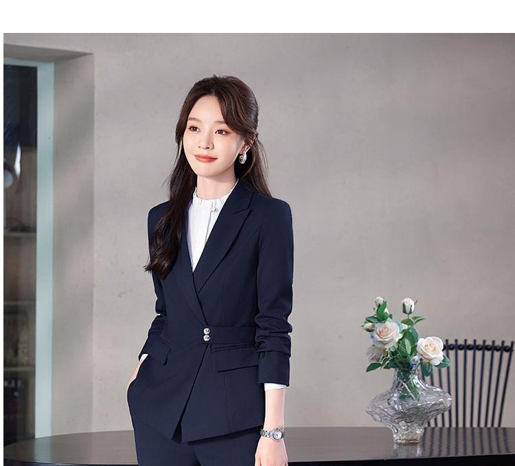 Peak Lapel Plain Single-Breasted Blazer / Long-Sleeve Bow Shirt / High Waist Pencil Skirt / Straight Leg Slacks Product Image