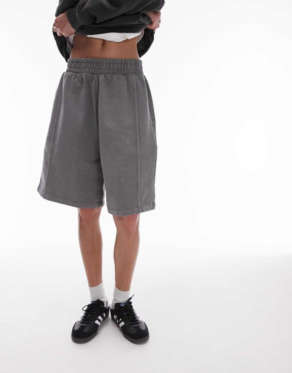 Topshop acid wash longline shorts in washed gray Product Image