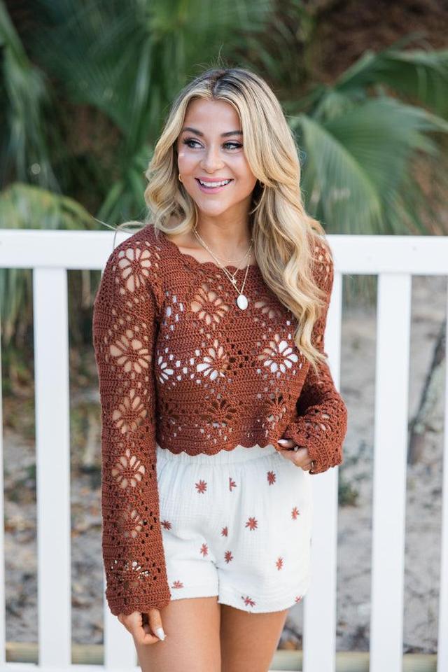 Pursuit Of Paradise Terracotta Cropped Crochet Sweater Product Image