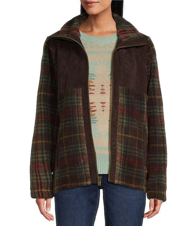 Pendleton Brown Teal Plaid Berber Fleece Stand Collar Weekender Coat Product Image