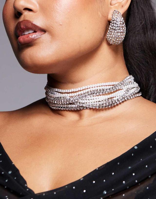 ASOS DESIGN Curve multirow choker necklace with faux pearl and crystal design in silver tone Product Image