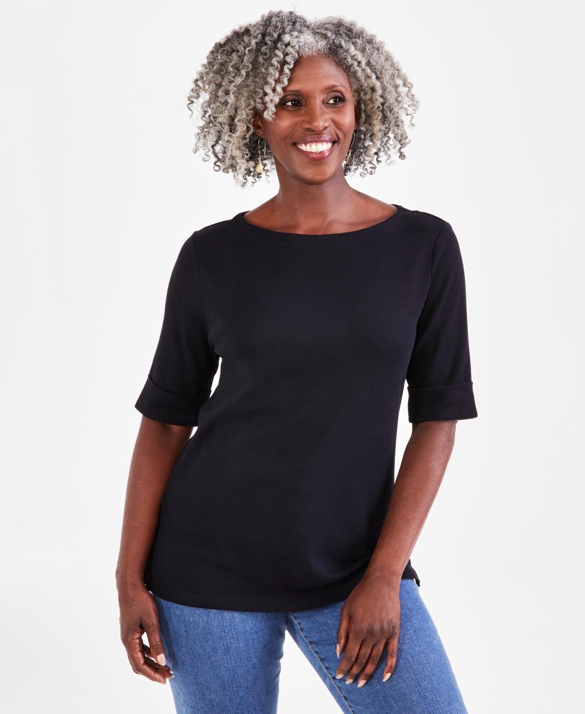 Women's Boat-Neck Elbow Sleeve Cotton Top, XS-4X, Created for Macy's Product Image