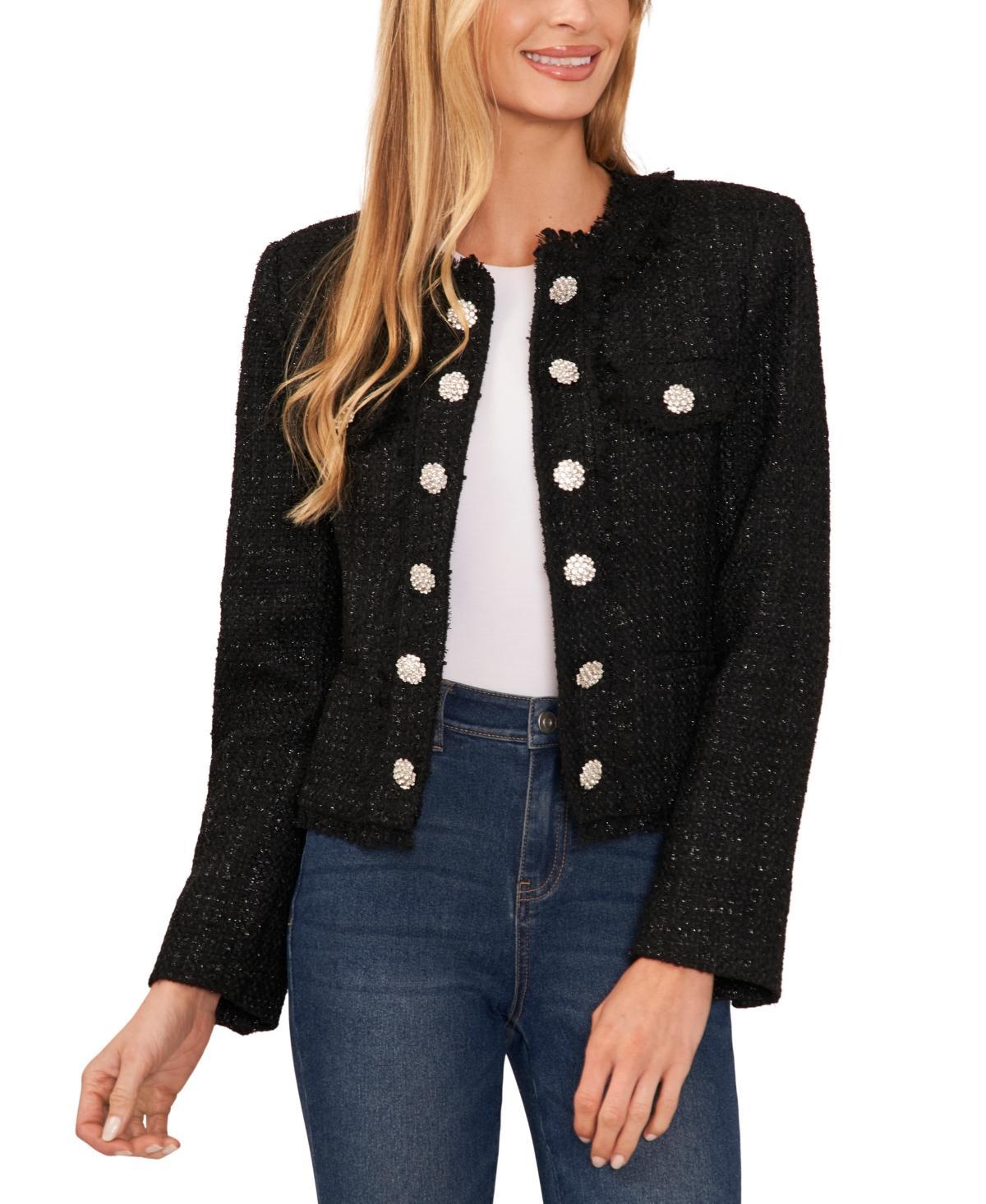 CeCe Metallic Tweed Crew Neck Long Sleeve Rhinestone Button Front Coordinating Jacket Product Image