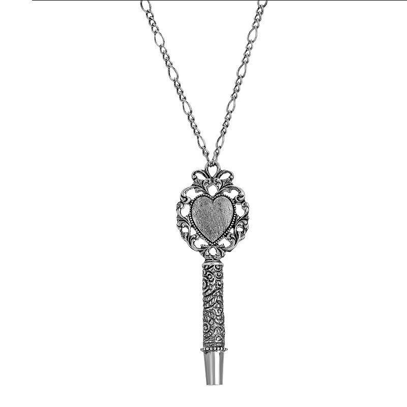 1928 Antiqued Silver Tone Heart Whistle Necklace, Womens Product Image