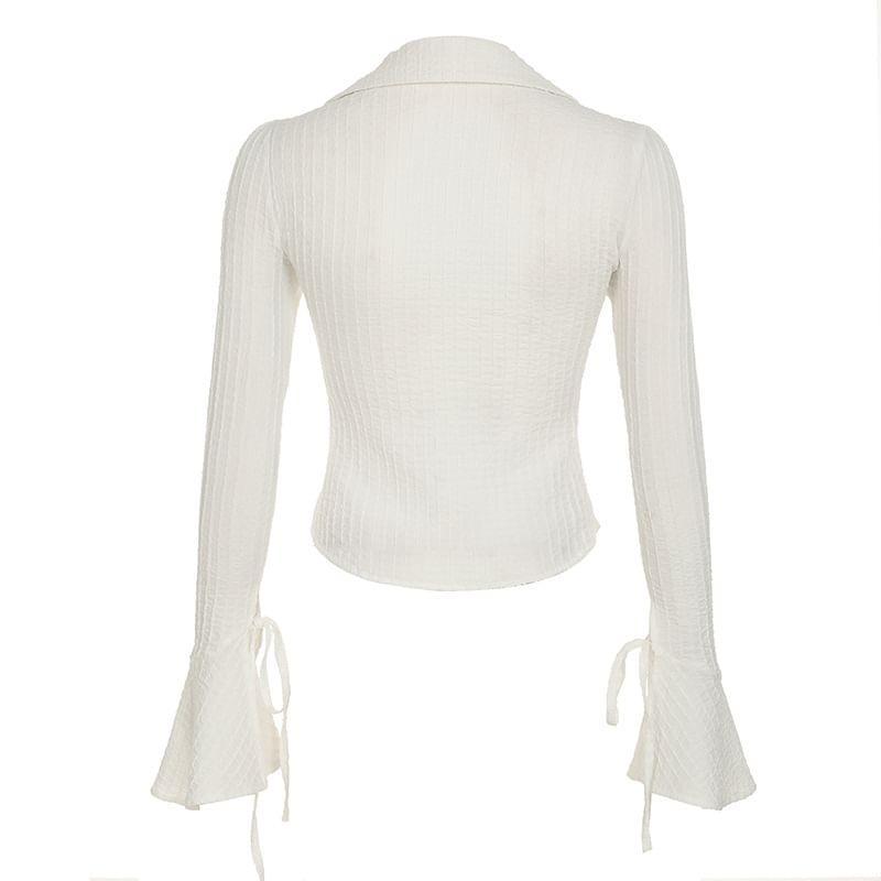 Long Sleeve V-Neck Plain Ruffle Trim Button Up Blouse Product Image