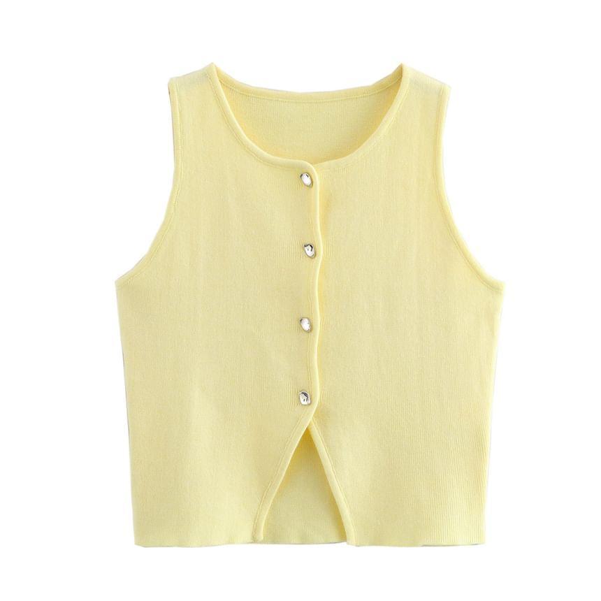 Round Neck Plain Button Sweater Vest Product Image