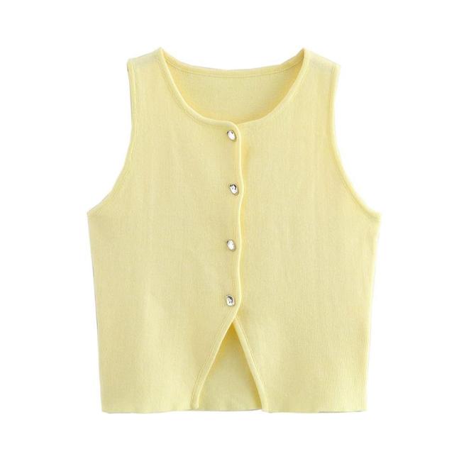 Round Neck Plain Button Sweater Vest Product Image