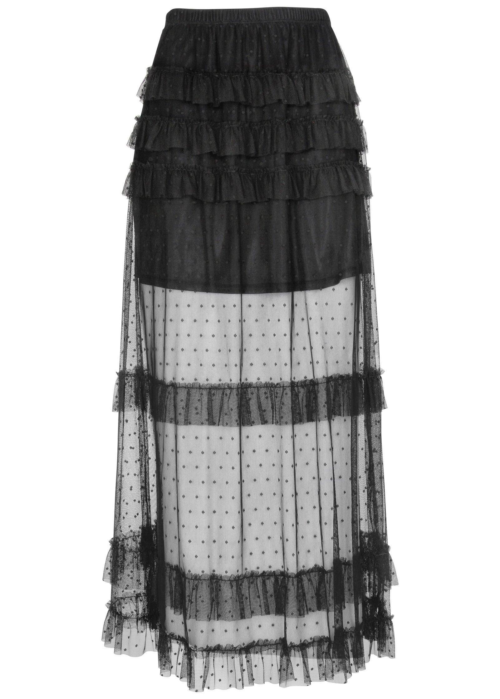 Lace Ruffle Maxi Skirt  - Black Product Image