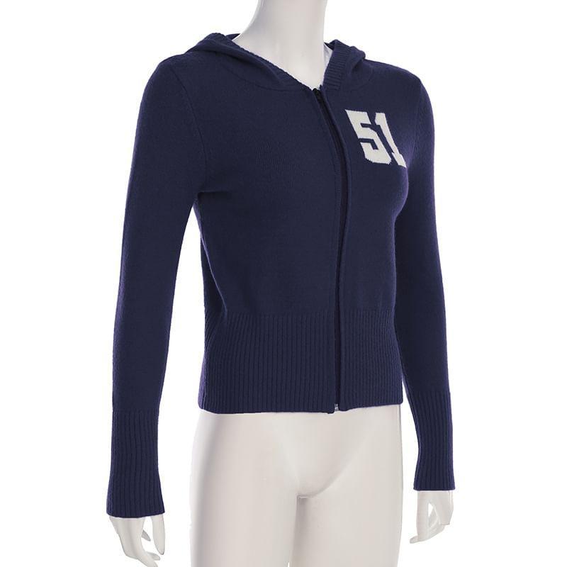 Collared Numbering Knitted Zip Up Cardigan Product Image