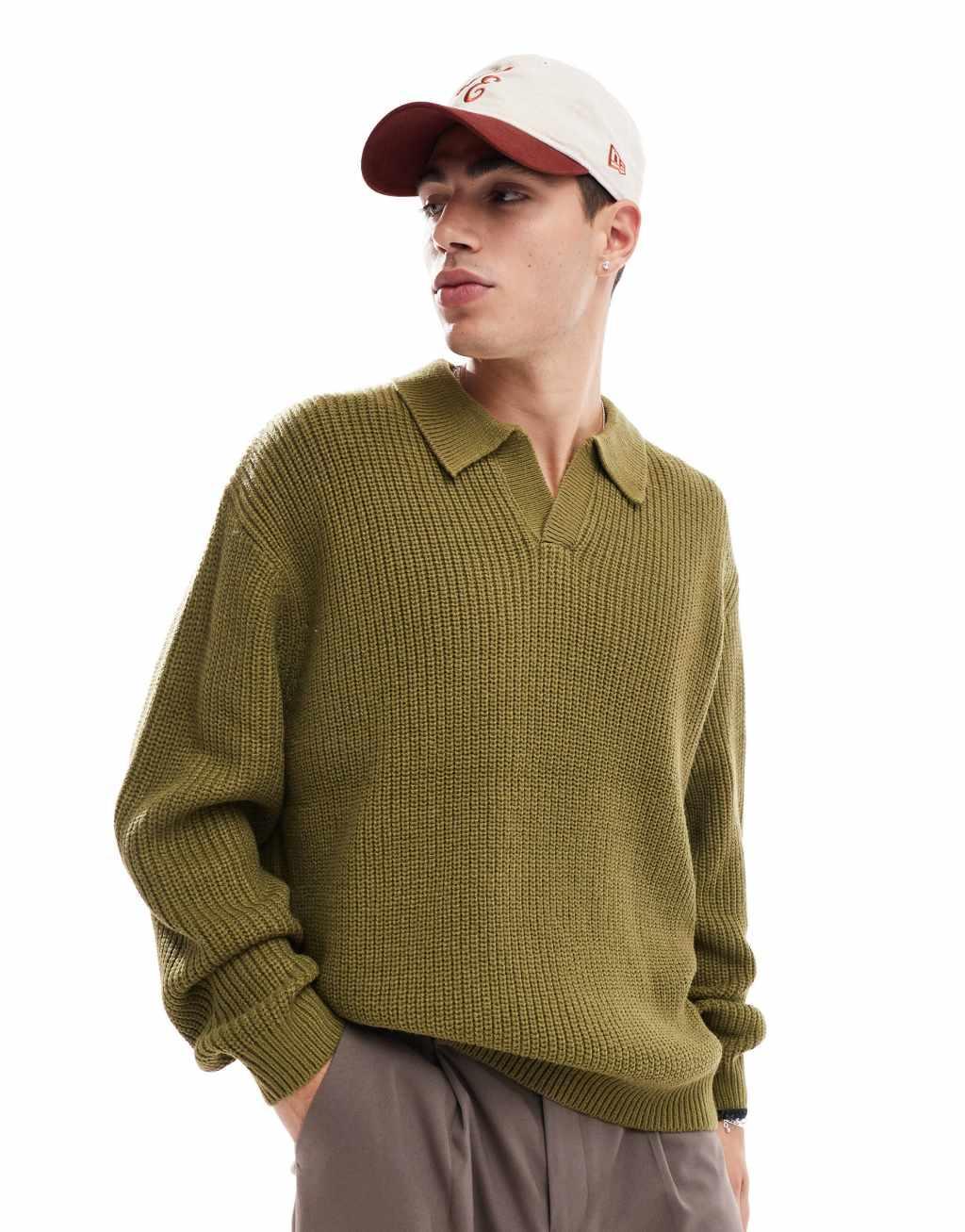 ASOS DESIGN knitted oversized fisherman rib notch neck sweater in khaki Product Image