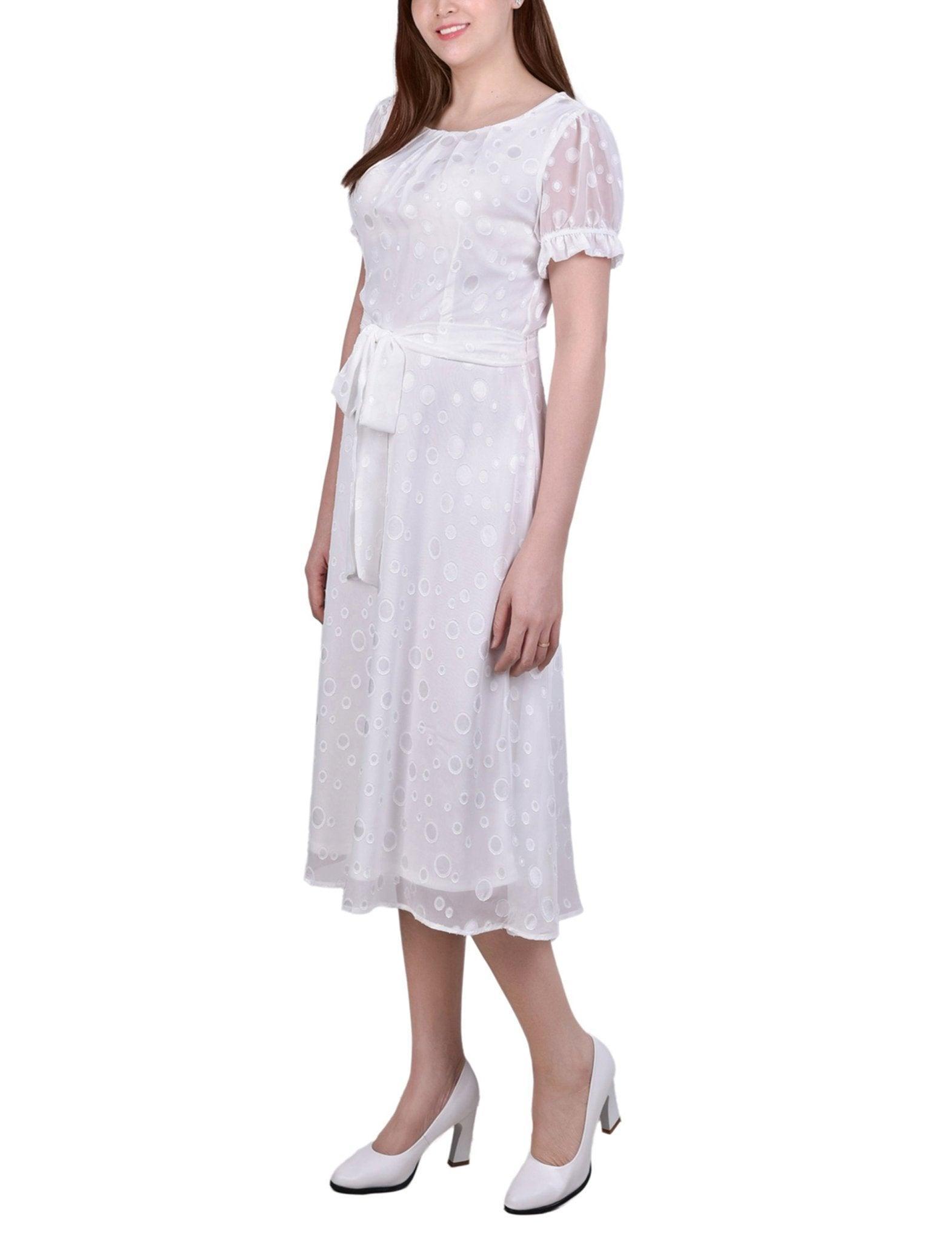 Short Sleeve Belted Swiss Dot Dress - Petite Product Image