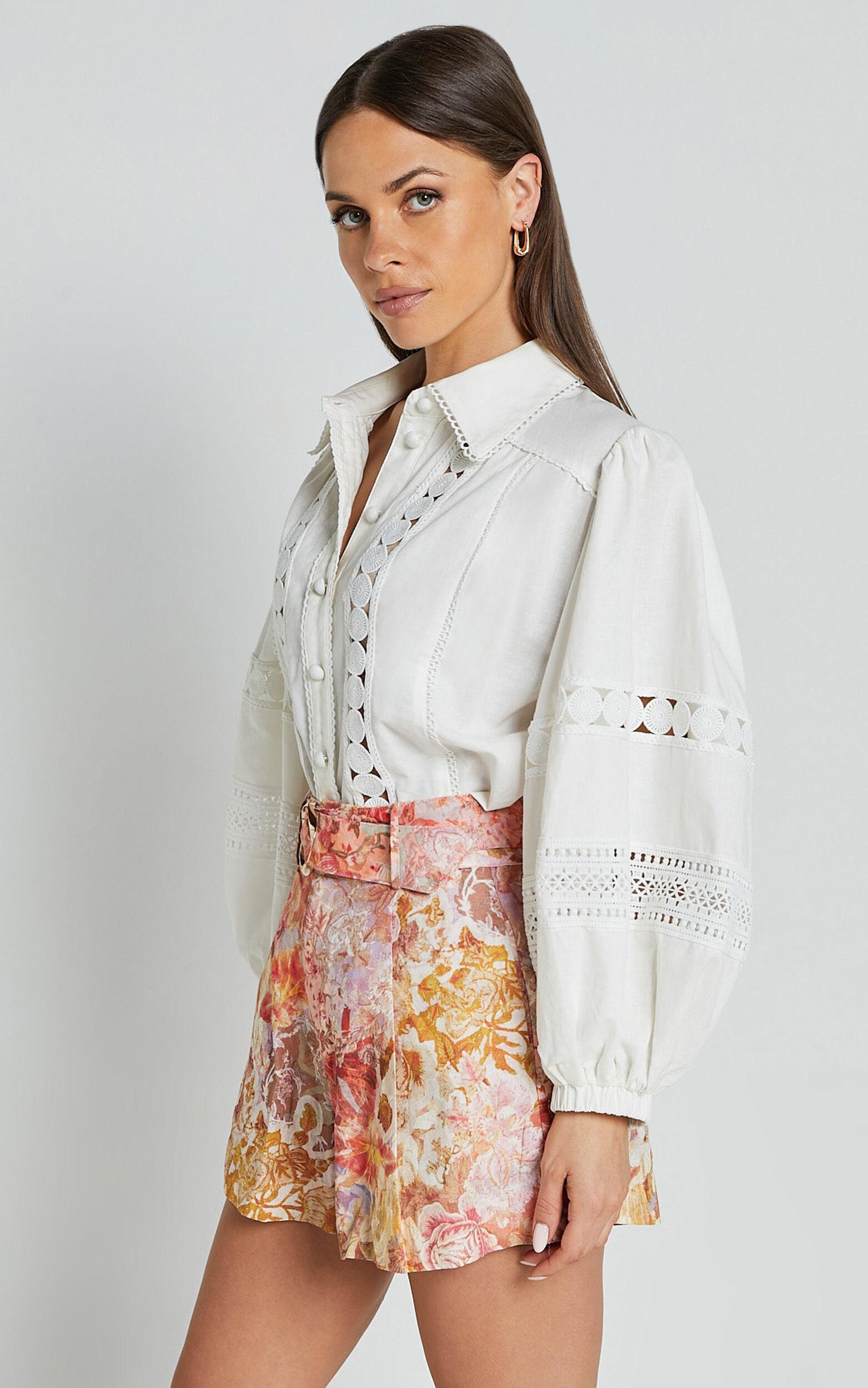 Amalie The Label - Julessa Linen Blend Puff Sleeve Lace Detail Blouse in White Product Image