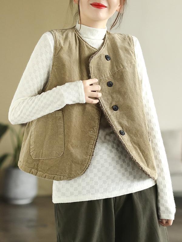 Vintage Sleeveless Loose Buttoned Split-Joint Solid Color Round-Neck Vest Outerwear Product Image