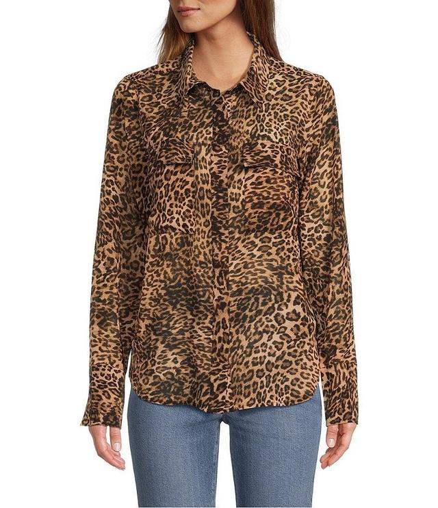 Good American Georgette Leopard Print Collared Long Sleeve Button Front Shirt Product Image