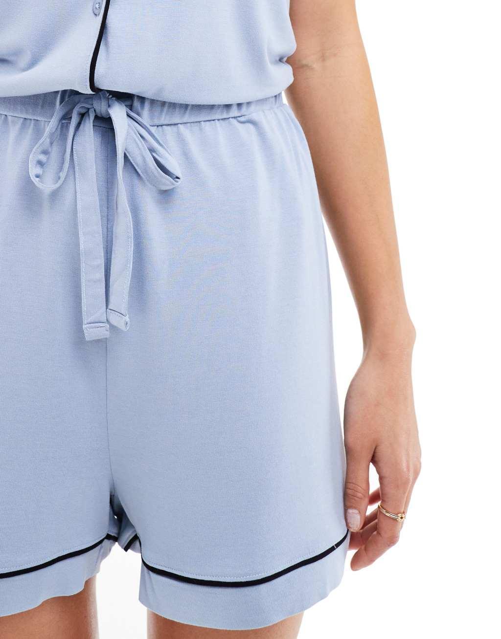 ASOS DESIGN super soft short sleeve shirt & shorts pajama set with contrast piping in blue Product Image