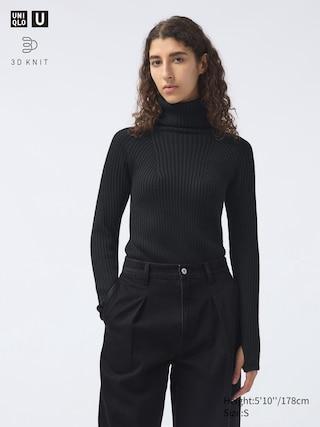 Womens 3D Knit Merino Blend Sweater Turtleneck Black Medium UNIQLO US product image