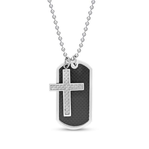 Men's Cross and Dog Tag Pendant with Carbon fiber Inlay in Stainless Steel - 22" Product Image