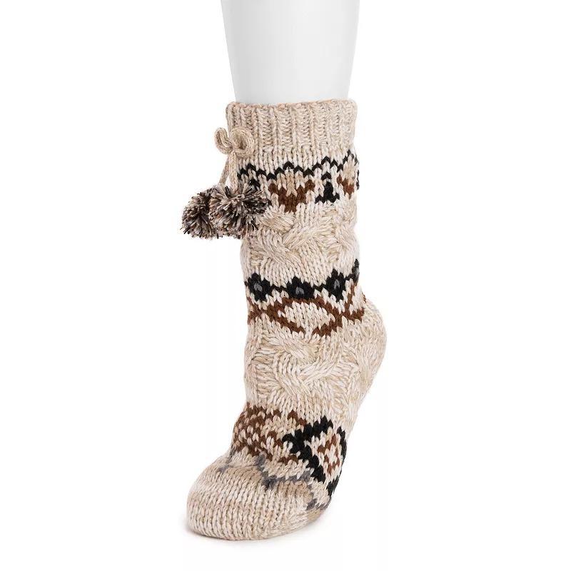 Womens MUK LUKS Cable Knit Cabin Socks White Brown Product Image