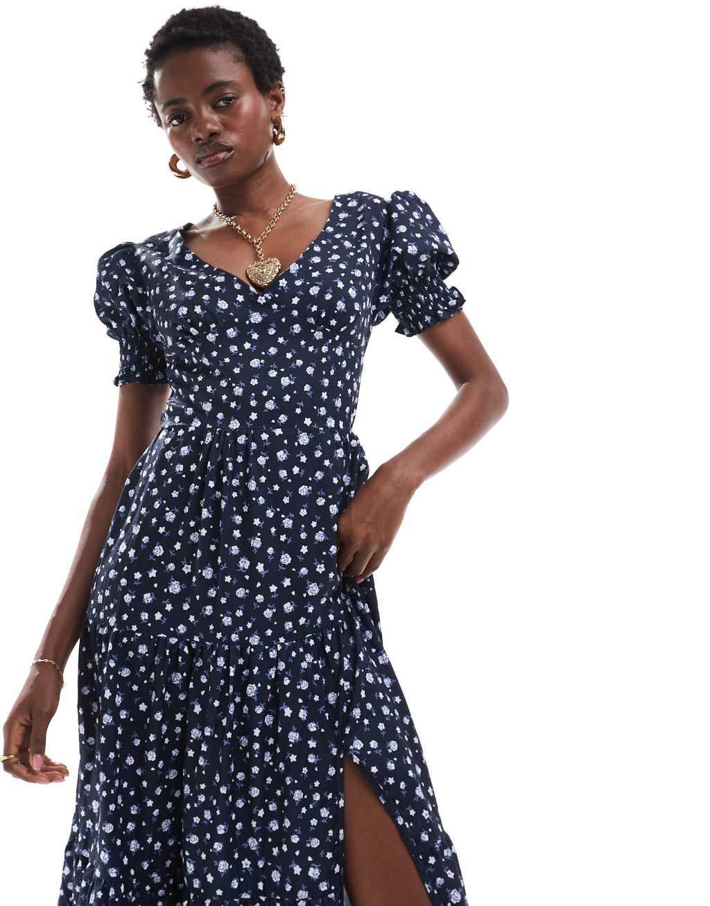 Daisy Street v neck midi tea dress in navy white floral Product Image