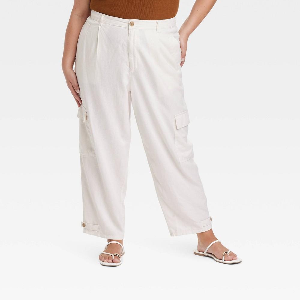 Womens High-Rise Straight Leg Linen Cargo Pants - A New Day Cream 17 Product Image