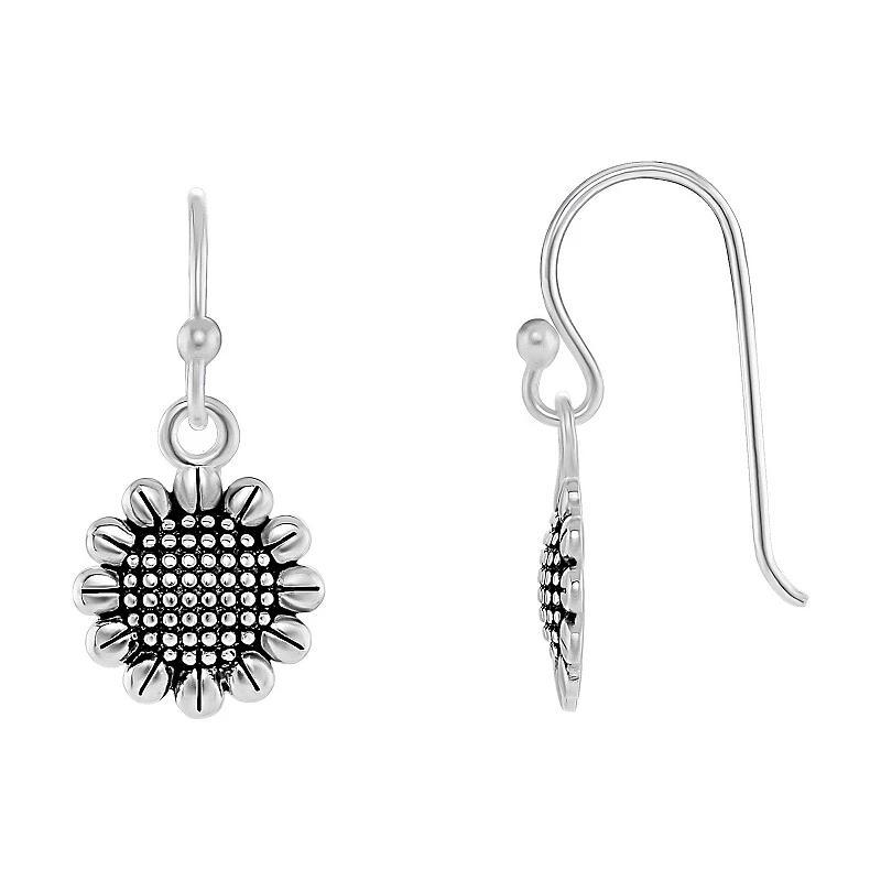 PRIMROSE Sterling Silver Polished Oxidized Sunflower Drop Earrings, Womens, Silver Tone Product Image