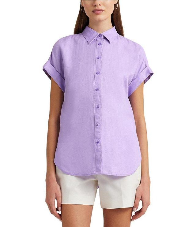 Lauren Ralph Lauren Petite Size Linen Point Collar Dolman Rolled Cuff Sleeve Shirt Product Image