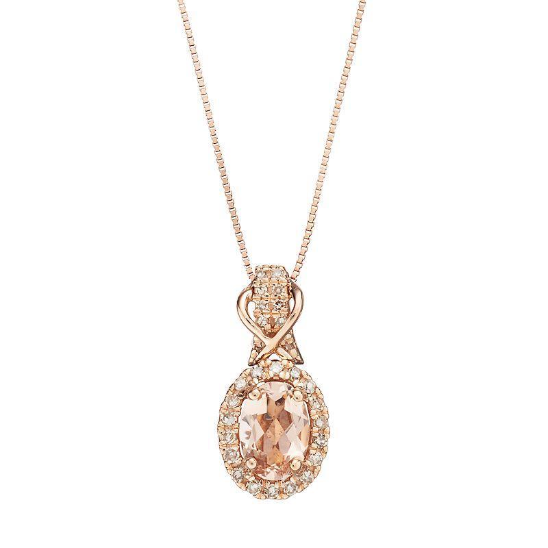 Gemminded 10k Rose Gold Morganite & 1/6 Carat T.W. Diamond Halo Pendant Necklace, Womens Pink Product Image