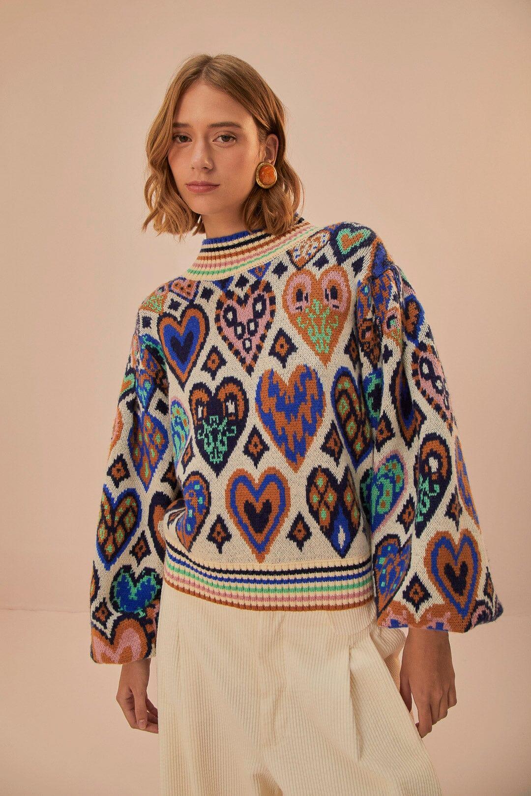 Cream Hearts Ikat Knit Sweater Product Image